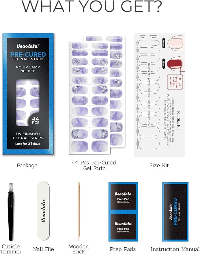 Pre Cured Gel Nail Strips - 44PCS Salon Quality Gel Nail Stickers - Long Lasting Polish Wraps for Women no UV Light Needed Easy Apply& Remove (Dreamy Purple）