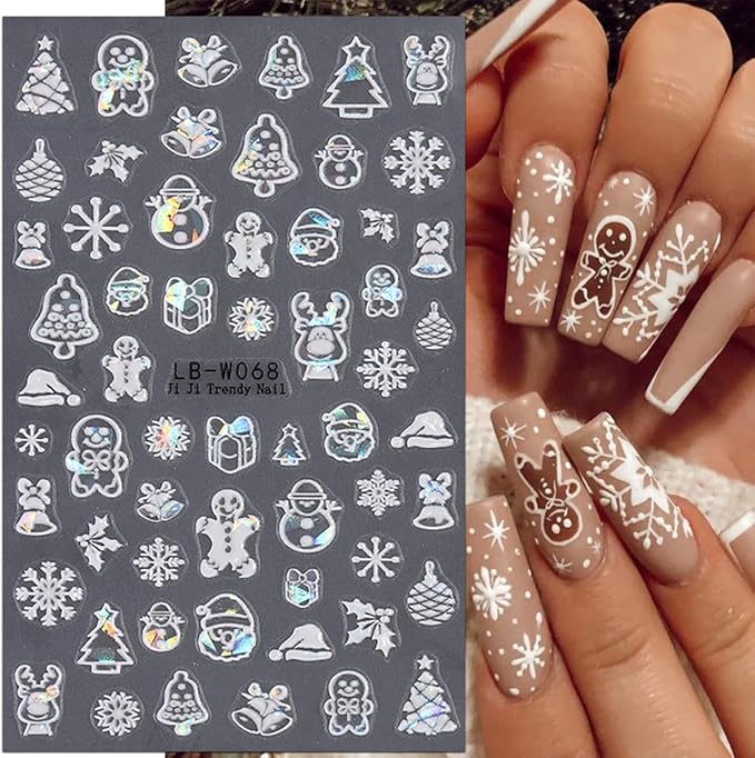 4 Sheets Christmas Nail Art Stickers - Blue Snowflake & White Reindeer Nail Decals - 3D Self-Adhesive Winter Holiday Supplies