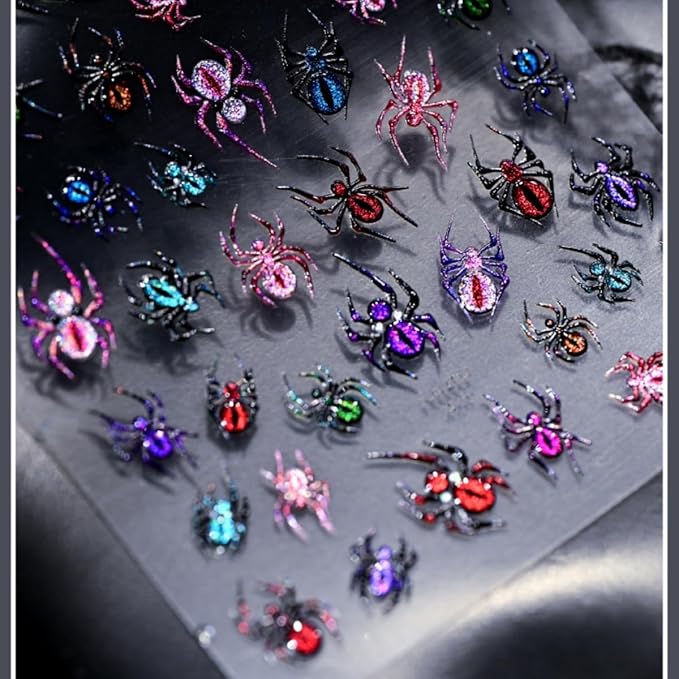 Halloween Nail Sticker 5D Embossed Scary Spider Nail Art Sticker Self Adhesive Nail Decals Colorful Spider Nail Art Decals for Nail Decoration Supplies for Women Girls DIY Manicure