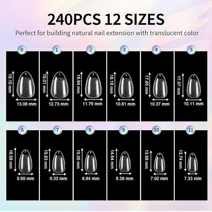 Extra Short Almond Nail Tips 240Pcs Full Cover Soft Gel Nail Tips Short Almond Shaped Nails Tips Soft Gelly Gel Clear Fake Nails Tip for Acrylic Nail Soak Off Home DIY Salon Nails 12 Sizes