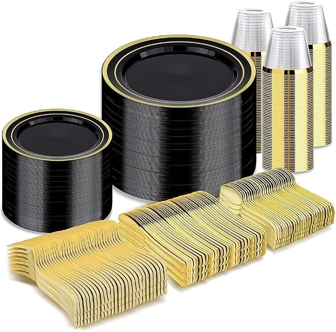 BESTVIP 600PCS Black Gold Dinnerware Set by Bestvip