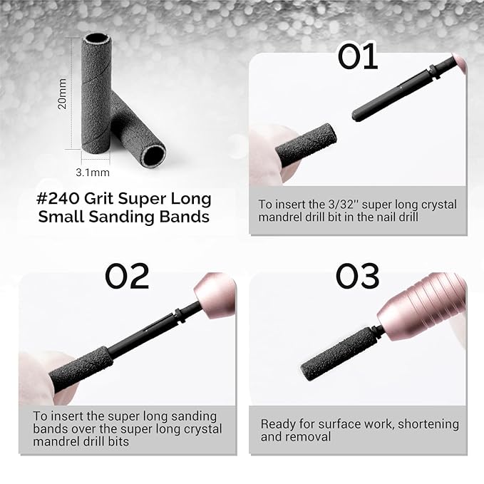 MelodySusie 50 Pcs Nail Drill Bits Super Long Small Sanding Bands with 3.1mm Crystal Mandrel Bit, 240 Extreme Fine Grit Nail File for Acrylic Nails Gel Manicures and Pedicure, Black