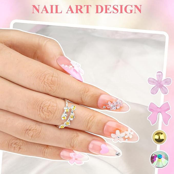4 Boxes 3D Flower Nail Charms and Gems - Pink/White Nail Flower & Bow Charms Crystal AB Clear Gemstones Silver/Gold Caviar Beads White/AB Pearls for Women DIY Manicure Crafts (20-S4-PinkWhite)