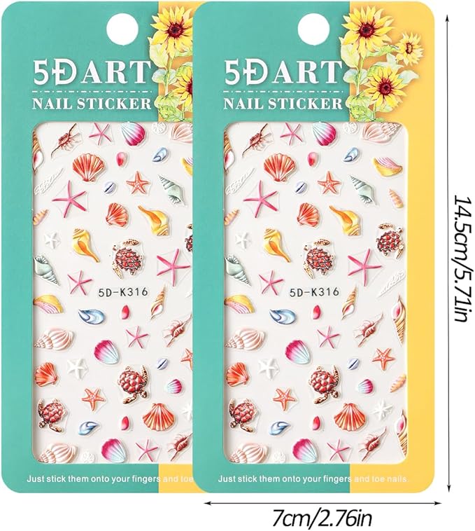 2pcs Summer Nail Stickers Starfish Seashell Turtle 5D Acrylic Engraved Nail Decals Ocean Theme Self-Adhesive Sliders Beach Nail Stickers for Women Girl Manicure Decoration Nails Supplies