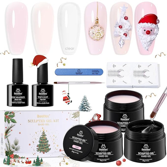 Beetles Hard Gel Kit-Christmas Limited 3 Colors 9 in 1 Nail Extension Sculpting Building Apex High Hardness for Salon Professionals Tech Use,Nude Pink Clear Builder Nail Gel,UV & LED Lamp Cured Needed