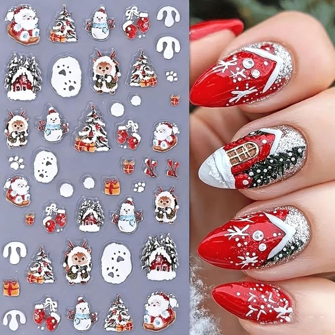 Christmas Nail Stickers 5D Embossed Snowman Elk Nail Art Stickers Xmas Holiday Nail Decals Self-Adhesive Deer Snow Santa Claus Design Sticker Nail Decoration for Women Manicure Accessories 2Pcs