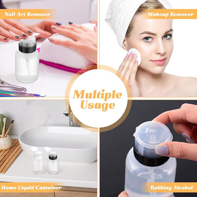 Yungyan 12 Pcs Pump Dispenser Bottle for Nail Polish 6.8 oz Push Down Pump Dispenser Empty Lockable Alcohol Bottles Containers for Makeup Remover, Alcohol, Acetone, Liquid, Travel, Black White Top Cap
