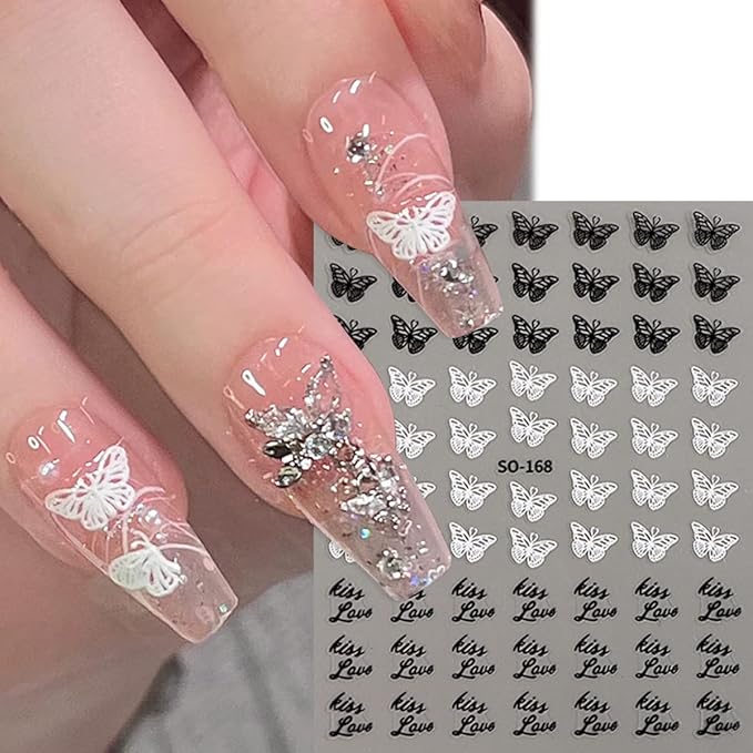6 Sheets Gold Nail Art Stickers,3D Metallic Self-Adhesive Nail Decals Gold Silver Black White Cherry Blossom Rose Leaf Butterfly Nail Design Bronzing Flower Nail Sticker for Women Manicure Decoration