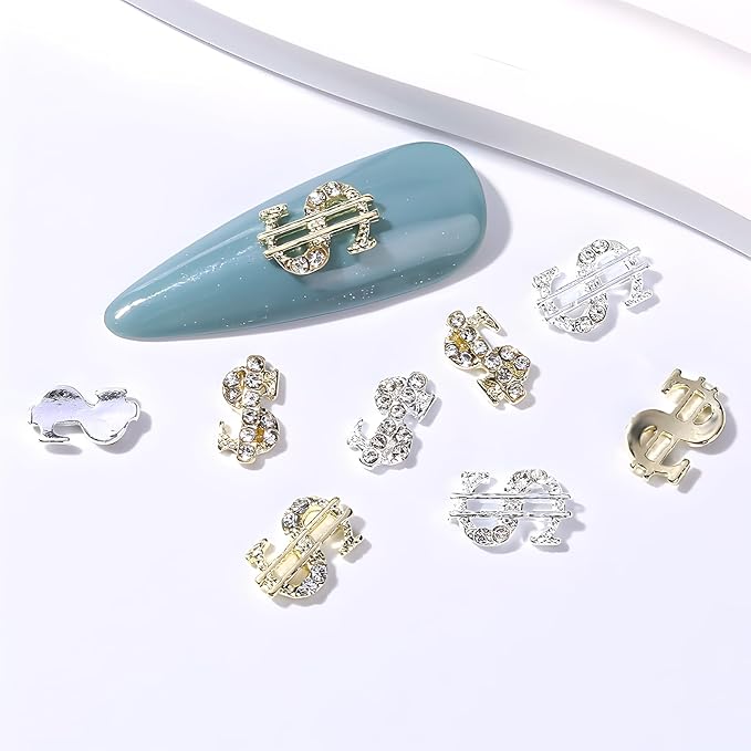 32 Pcs Money Dollar Nail Charms 3D Silver Money Dollar Nail Rhinestone Shiny Gold Dollar Nail Art Gems Alloy Design for Women and Girls Nail Decoration for DIY Acrylic Nails, Namrec-22