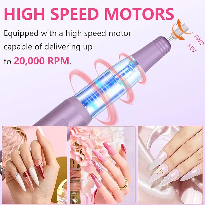 Nail Drill and Dremel - 14-in-1 Portable USB-Powered Nail Care Set with 20000RPM Speed for Gel, Dip Powder, Manicure, Pedicure, Shaping & Polishing, in Elegant Purple