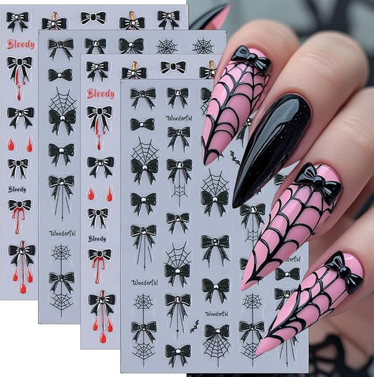 4 Sheets Halloween Nail Art Stickers Black Bow Spider Web Y2K Nail Decals 3D Self-Adhesive Bloody Drop Bowknot Nails Stickers Gothic Halloween Nails Decorations for Women Holiday DIY Manicure Supplies