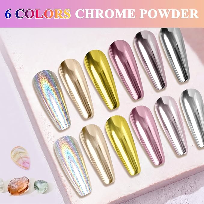Gold Silver Chrome Nail Powder, Metallic Mirror Effect Pink Light Purple Champagne Chrome Powder for Nails, Unicorn Iridescent Holographic Nail Pigment Glitter Dust for Nail Art Decoration
