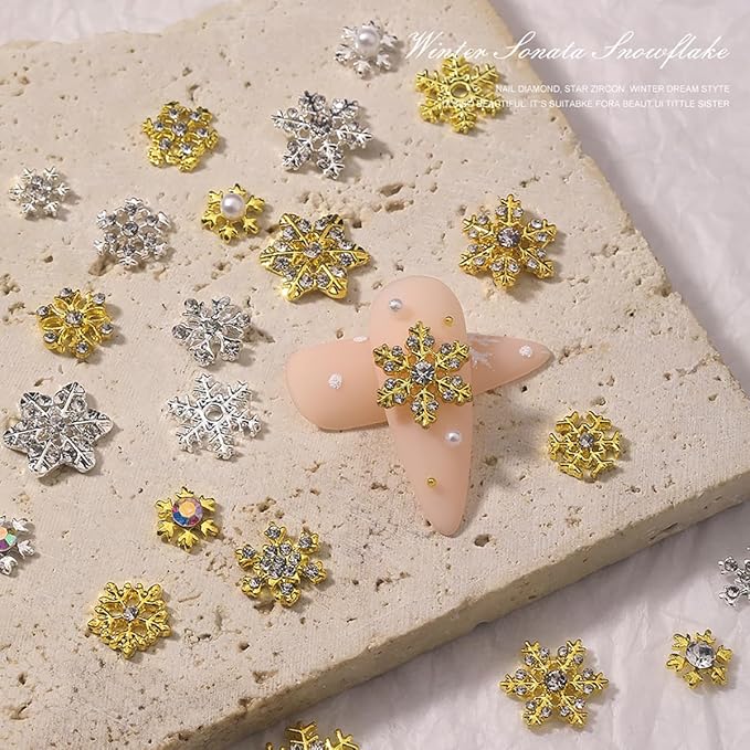 Christmas Nail Charms Supply 20pcs Gold Silver Mix Snowflake Art Charms With Diamond Design Winter Xmas Snowflakes Jewelry for Women Girls DIY Manicure Tips Christmas Nails Decoration