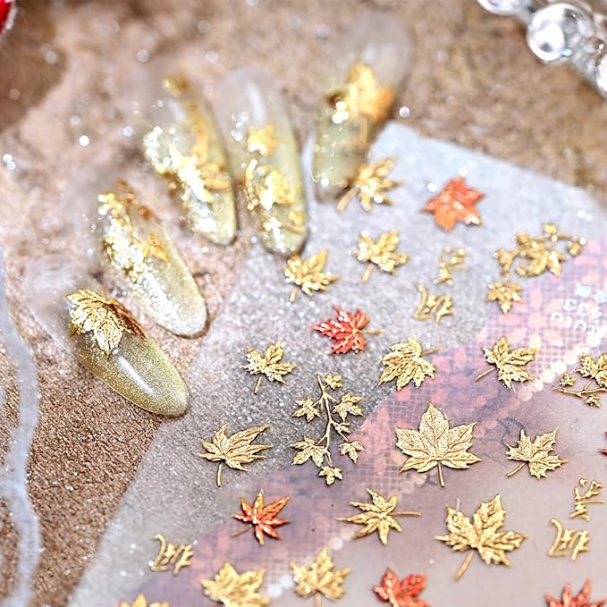 5D Embossed Autumn Maple Leaves Nail Art Stickers Decals Self-Adhesive Fall Nail Stickers Shiny Gold Maple Leaf Nails Design Sticker for Autumn Thanksgiving Day Women DIY Manicure Decorations 1Pcs