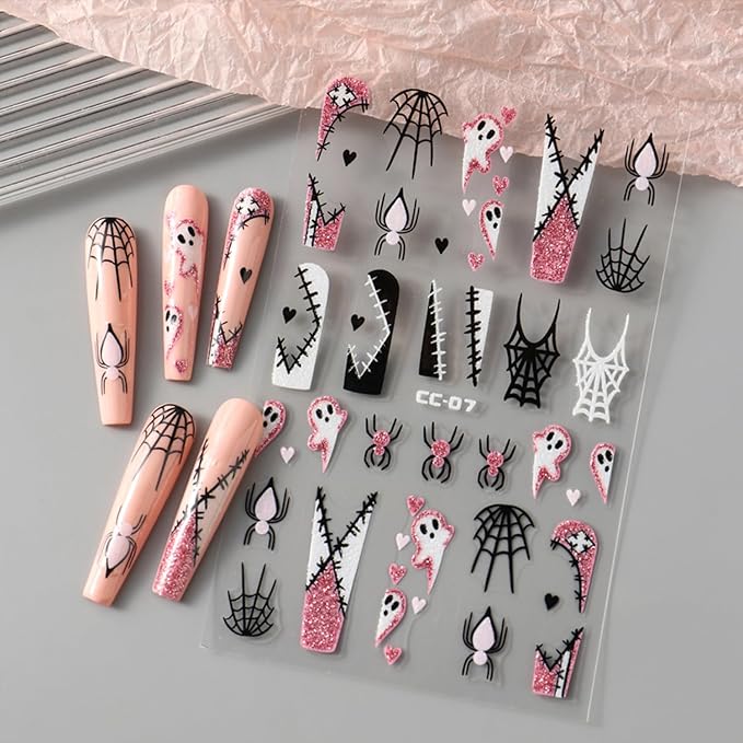 5 Sheets Halloween Nails Stickers French Tip Spider Web Nails Art Stickers 3D Self-Adhesive Supplies Nail Decal with Luminous Ghost Skeleton Design Nail Sticker for Nail Art Women's DIY Decoration