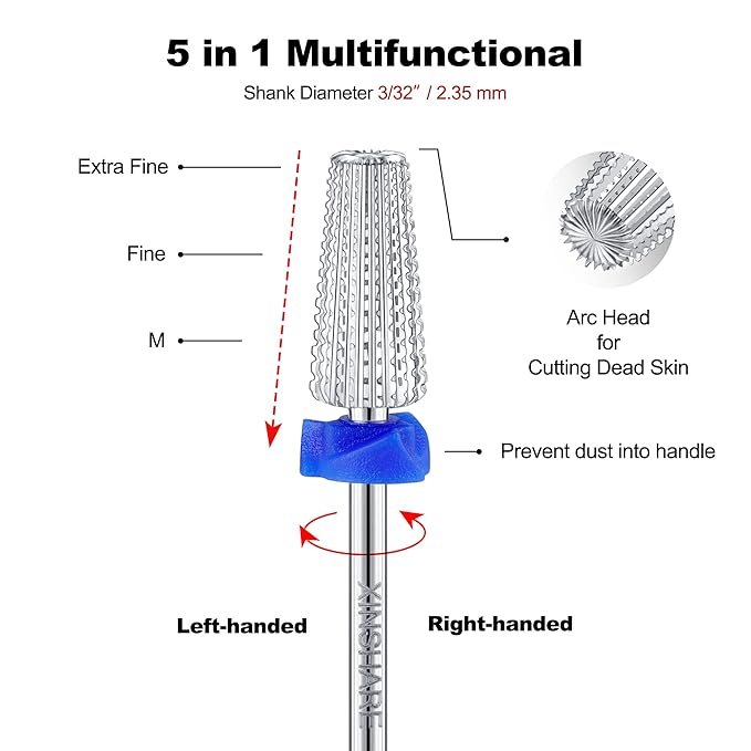 5 in 1 Nail Drill Bits Carbide Multi-function Cuticle Nail Bit 3/32", 2 Way Rotate Efile Bits, Fast Remove Acrylic Hard Nail Gel for Both Left and Right Handed, Manicure Pedicure, Medium (M)