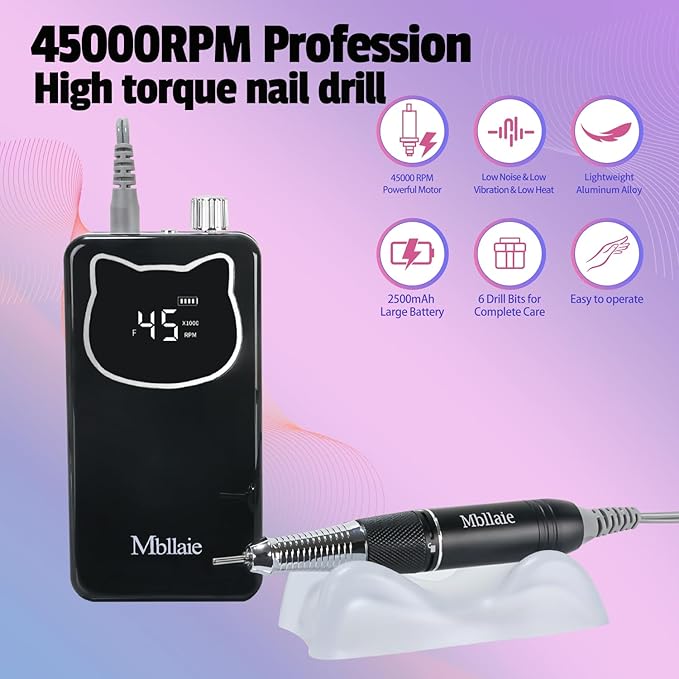 Professional Nail Drill File 45000RPM Electric Portable Nails Drills Kit with Rechargeable 7 uñas Bits Cordless Efile for Poly Gel Acrylic Nails Remover Home Salon Pedicure Manicure Tool (Black)
