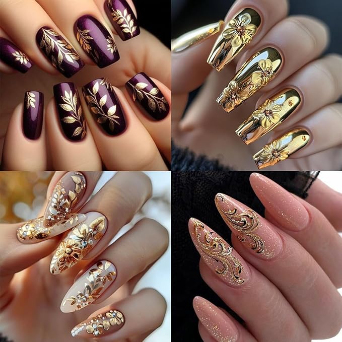 5D Gold Nail Stickers Embossed Bronzing Butterfly Flower Nails Decals Self Adhesive Retro Totem Floral Nails Design Sticker Fall Nail Art Stickers Decor for Women Acrylic Manicure Accessories 2Pcs