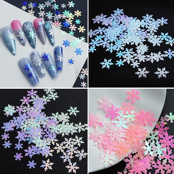12 Grids 3D Snowflake Nail Glitter Sequins Holographic Laser Snowflake Nail Art Stickers Decals Christmas Nail Glitter Flakes Pink Blue White Snowflake Glitter Xmas Winter Nail Snow Glitter