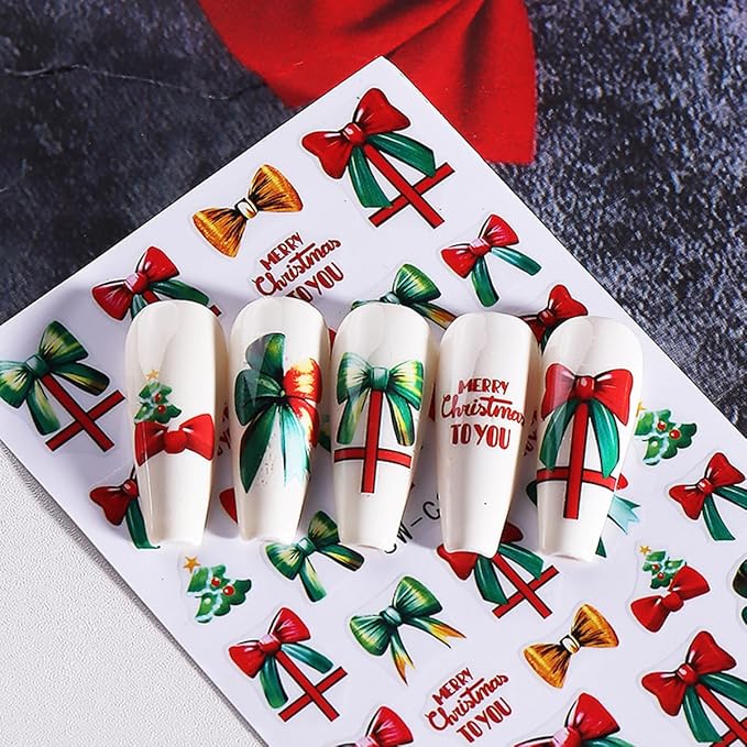 4 Sheets Christmas Nail Stickers for Nail Art WLGDLH 3D Self Adhesive Red Green Bow Nail Art Stickers Light Ball Gift Nail Decals Xmas Tree Nail Supplies for Women DIY Christmas Decorations