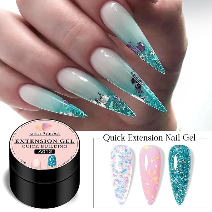 MEET ACROSS Poly Nail Gel 8Pcs Nail Extension Gel Set and Nail Extension Starter Kit for Beginners Nail Art DIY Home Gifts for Women (Glitter + Gold Foil, 8pcs)