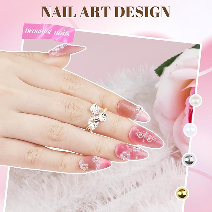 2 Boxes Sparkling Nail Pearls/Beads Kit, 1.5-5mm Beige & White Flatback Pearls and 0.8-3mm Silver & Gold Nail Caviar Beads for Women DIY Manicure Crafts (10-S2-Pearls)