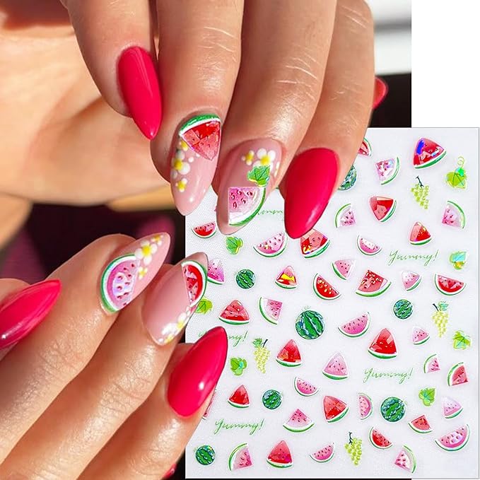 3 Sheets Summer Fruit Nail Stickers for Nail Art 5d Self-Adhesive Cute Flower Strawberry Nail Decals with Laser Designs Watermelon Grapes Nail Art Sticker Kiwi Lemon Nail Decal for Women Nails Supply