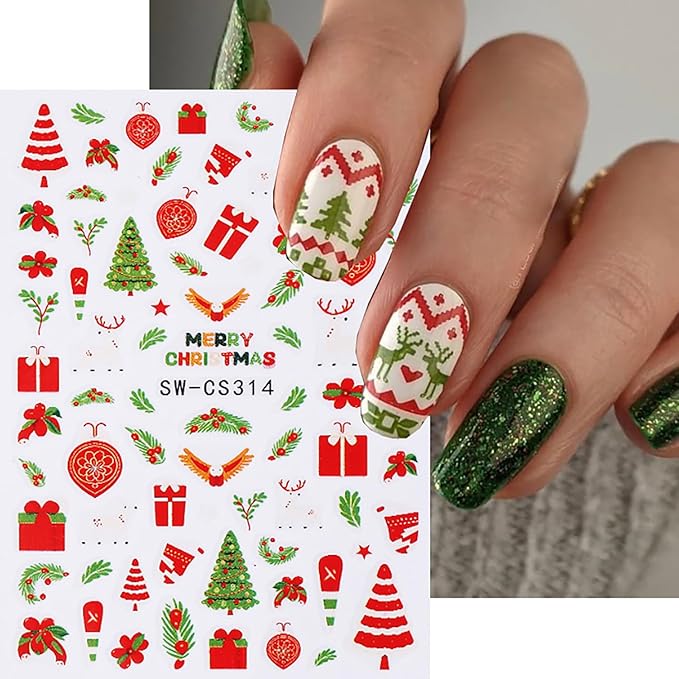 6 Sheets Christmas Nail Stickers for Nail Art Cute Xmas Candy Gingerbread Men Santa Claus Nail Decals 3D Self-Adhesive Bell Christmas Tree Nail Design Winter Snowflake Nail Art Stickers for Women