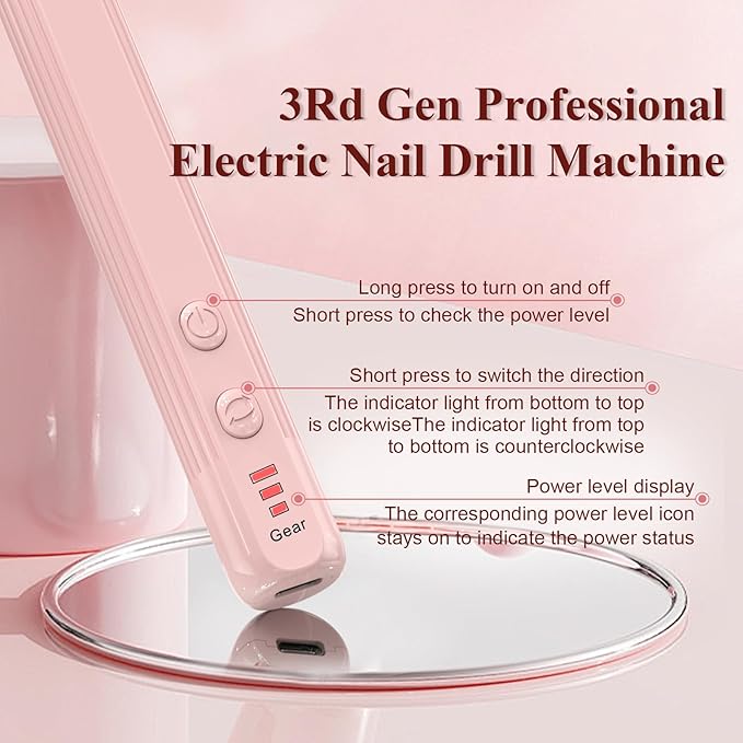 Professional Nail Drill Set, 2,0000 RPM Electric Nail File with 12 Grinding Head & 100Pcs Sanding Bands for Acrylic Gel Nails, Manicure and Polishing (Pink)