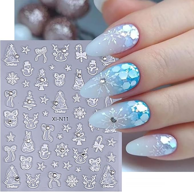 2 Sheets Christmas 5D Embossed Nail Art Stickers Gold Silver Xmas Trees Elk Star Snowman Decals with Glitter Rhinestones Design Winter Holiday Stickers for Women DIY Nails