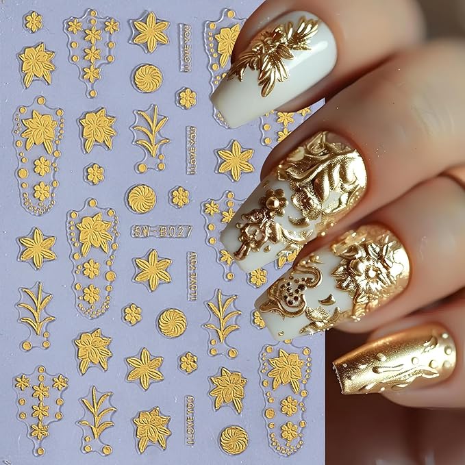 Fall Maple Leaves Nail Art Stickers for Thanksgiving, Gold Maple Leaves Nail Decals 3D Self-Adhesive with Gold Flowers Leaf Design 4Pcs Fall Glitter Nail Art Supplies for Women Nail Decoration