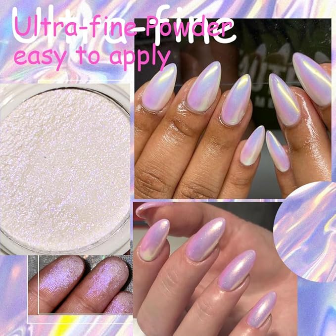 evpct 3Pcs Chrome Nail Powder Kit for Nails Polish White Purple Yellow Pearl Mermaid Rainbow Holographic Iridescent Chameleon Metallic Neon Pigment Mirror Chrome Nail Powder for Gel Nails Glitter 02