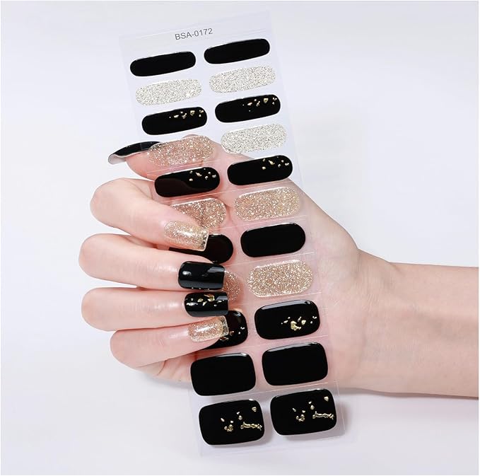 Nail Stickers, Gel Nail Strips with Manicure Tool Kit, 22 Pieces, Long Lasting, Chip Resistant, UV Free, Black Tie Gold Rush