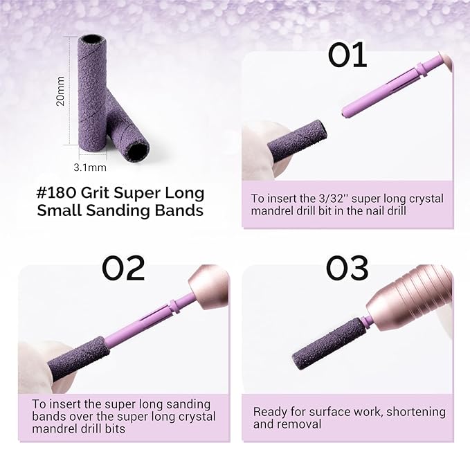 MelodySusie 50 Pcs Nail Drill Bits Super Long Small Sanding Bands with 3.1mm Crystal Mandrel Bit, 180 Fine Grit Nail File for Acrylic Nails Gel Manicures and Pedicure, Purple