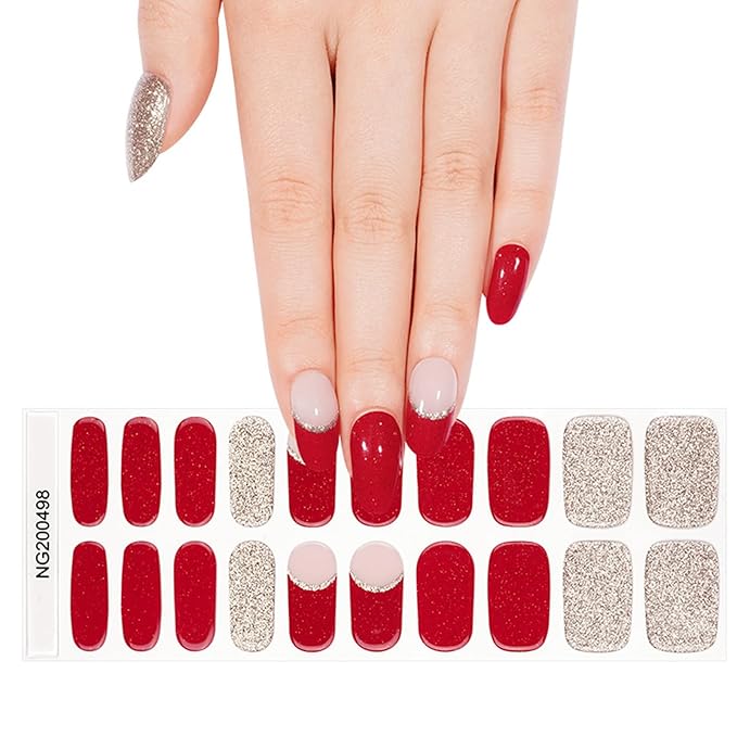 Semi Cured Gel Nail Strips, 20pcs Glittery Red Gold Gel Nail Stickers - Works with Any UV Lamps, Long Lasting Full Wraps, Easy to Apply and Remove