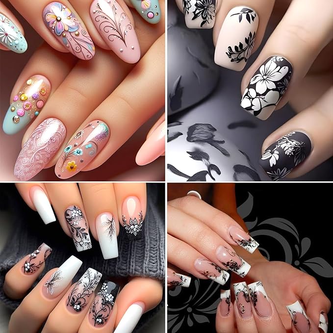 2Sheets Retro Black White Vine Flowers Nail Art Stickers 3D Embossed Pink Flower Vine Designs Nail Decals Self-Adhesive Floral Leaves French Nail Sticker Spring Nails Supplies for Women Nails Decor