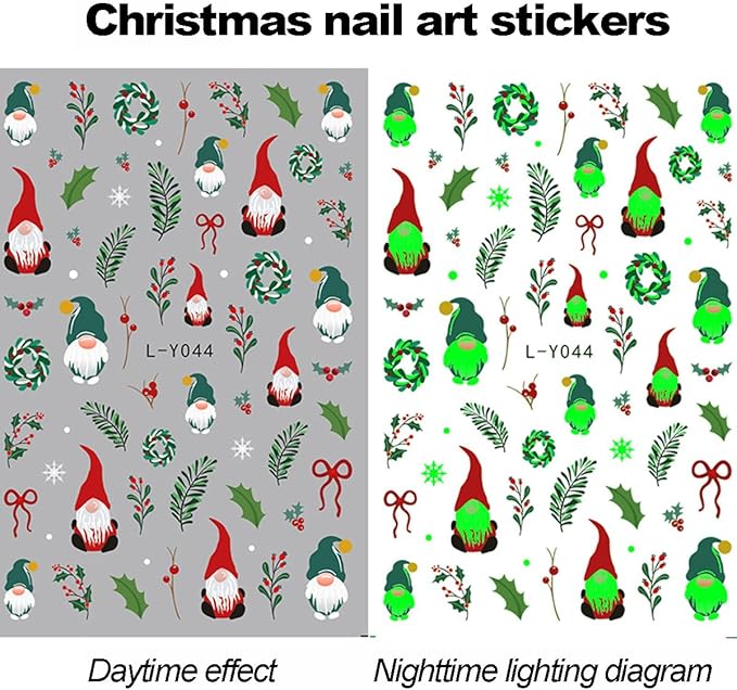 3 Sheets Christmas Nail Art Stickers Santa Claus Nail Decals with Xmas Tree Colored Light Design 3D Self-Adhesive Glowing Nail Stickers Acrylic Nail Supplies for Women DIY Christmas Decorations