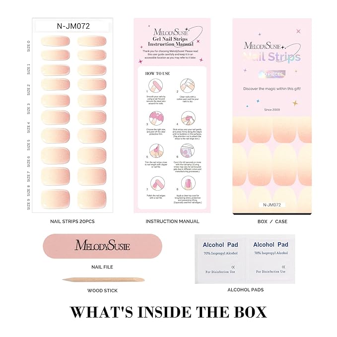 MelodySusie Semi Cured Gel Nail Strips (Pearly Pink Gradient), Works with Nail Lamp, Salon Quality, Long Lasting, Easy to Apply and Remove, Includes 20Pcs, 2 Prep Pads, Nail File and Wooden Stick