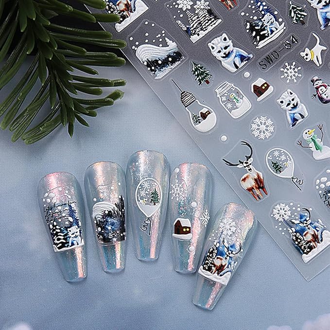 5D Embossed Christmas Nail Stickers for Nail Art - Snowflake Nail Art Stickers Xmas Tree Light Ball Gift Nail Decals Elk Deer Nail Supplies for Women DIY Christmas Decorations 4 Sheets