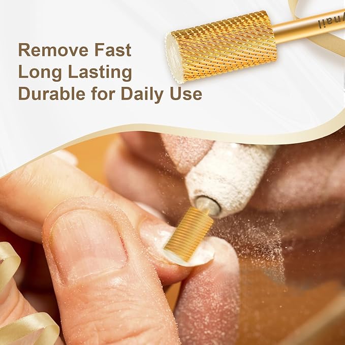 3/32" Large Barrel Flat Top Tungsten Carbide Nail Drill Bit Safety Bit for Gel & Acrylic Removal, 2-Way Rotating Efile Tip, Salon Electric File Accessory (M Grit, Gold)