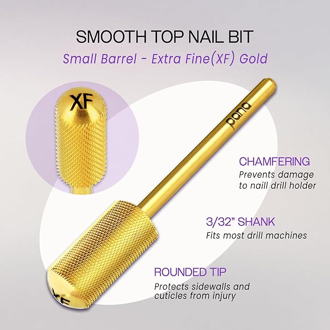 Pana 3/32" Small Smooth Top Barrel Nail Carbide Bit for Electric Dremel Drill Machine Manicure Pedicure Nail Salon Tools Acrylic & Gel Removal (Gold, Extra Fine)