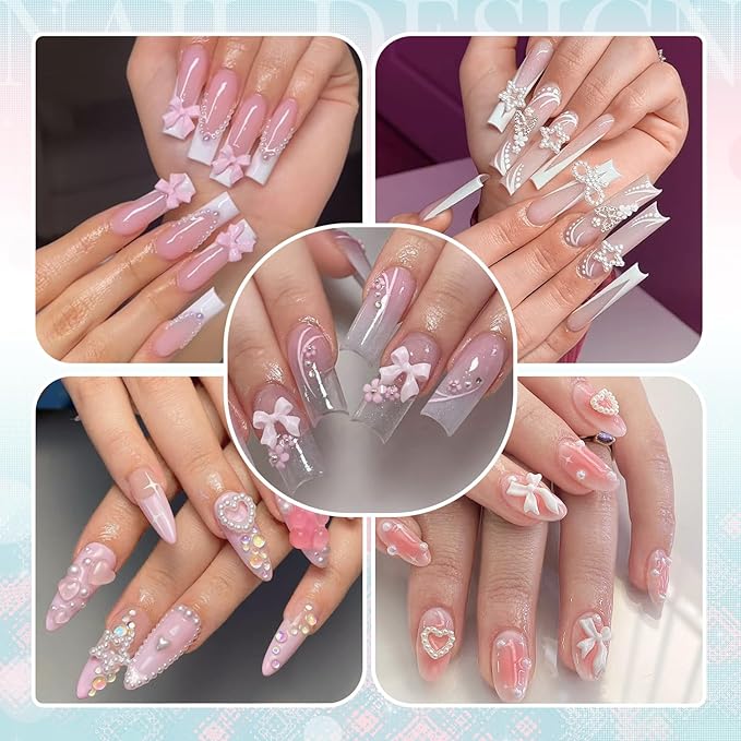 3D Nail Charms for Coquette Nails Design Set 4, Pink Nail Bows + Assorted Pearl Heart Star Moon Bowknot Cute Nail Jewels + 3D Flower Charms and Nail Pearls, with Picker Tools for Nail Decor