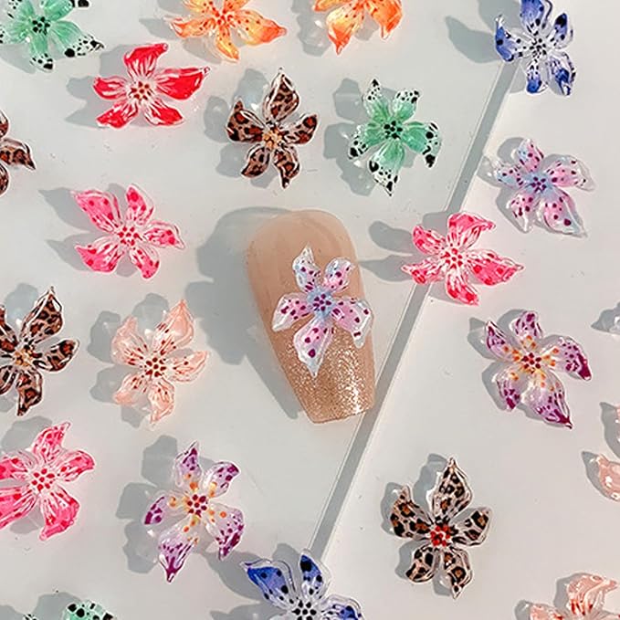 3D Hawaii Flowers for Nails,Spring Hibiscus Floral Nail Art Charms Lily Flowers for Nail Rhinestones Craft Multi-Color Petal Relief Flower Charms for Summer Acrylic Nail Jewelry Manicure Accessories