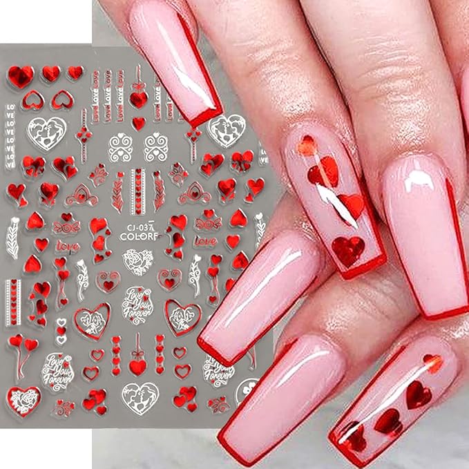 Valentines Day Nail Art Stickers Decal Red Heart Nail Sticker Valentines Nail Decorations 3D Self-Adhesive Red White Rose Love Heart Lip Nail Design for Acylic Nail Manicure Decor 6sheets