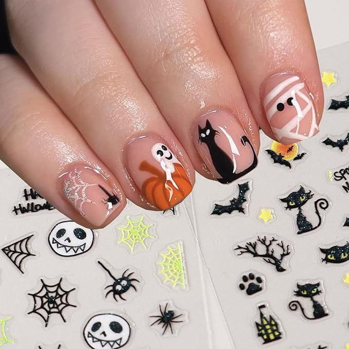 30Sheets Halloween Dark Style Nail Art Sticker 3D Halloween Ghost Bat Nail Stickers Pumpkin Spider Nail Design Slider Multi-Elements Halloween Sticker Decal for Acrylic Nails Manicure Accessory Decor