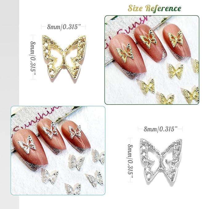 180pcs 3D Butterfly Nail Charms - Golden & Silver Butterflies, Alloy Studs for Acrylic Nails, DIY Crafts