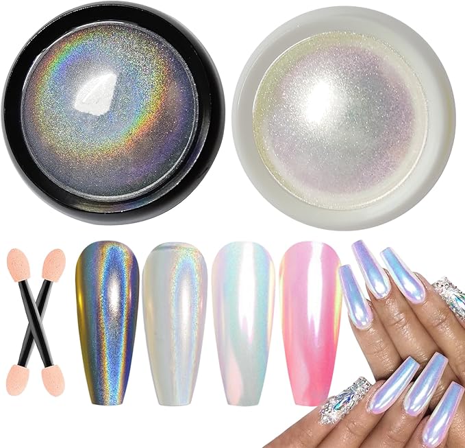 Unicorn Chrome Nail Powder and Holographic Nail Powder Nail Chrome Powder Set, Mermaid Aurora Chrome Nail Powder White Mermaid Chrome Pearl Nail Powder