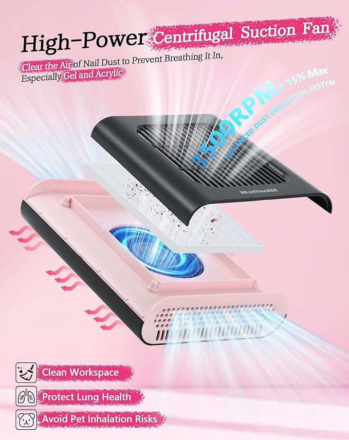 Nail Dust Collector, Dust Collector nail tech with Brush and Reusable Filter, 2 Modes Profesional Nail Vacuum, Fan Vent Nail Dust Extractor (Black& Pink)
