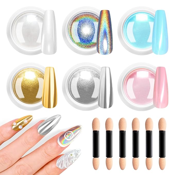 Unicorn Chrome Nail Powder 6 PCS - Mermaid Chrome Iridescent Nail Powder with Laser Mirror Effect, Holographic Chrome Powder for 3D Gel Polish DIY Salon Moonlight Pink Blue Silver Pigments