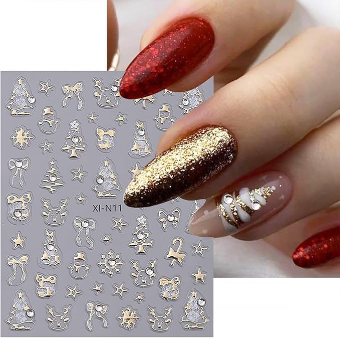 2 Sheets Christmas 5D Embossed Nail Art Stickers Gold Silver Xmas Trees Elk Star Snowman Decals with Glitter Rhinestones Design Winter Holiday Stickers for Women DIY Nails